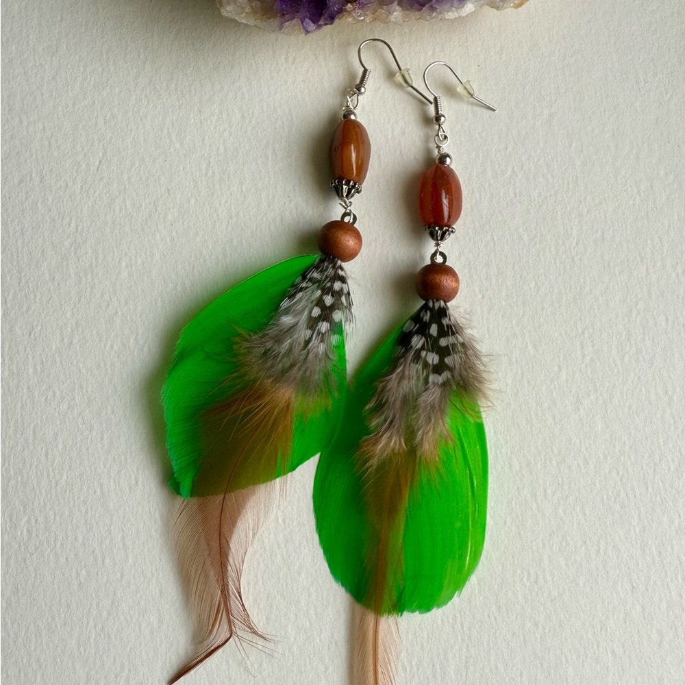 Green Feather Boho Earrings with Agate natural gemstones 6” inches